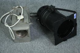 Two old theatre spotlights. One made by Strand and probably 1960s. L.42 W.28 D.28cm. (largest)