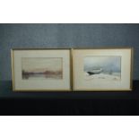 Two watercolour paintings signed indistinctly lower left. Framed and glazed. H.40 W.56 cm. (each)