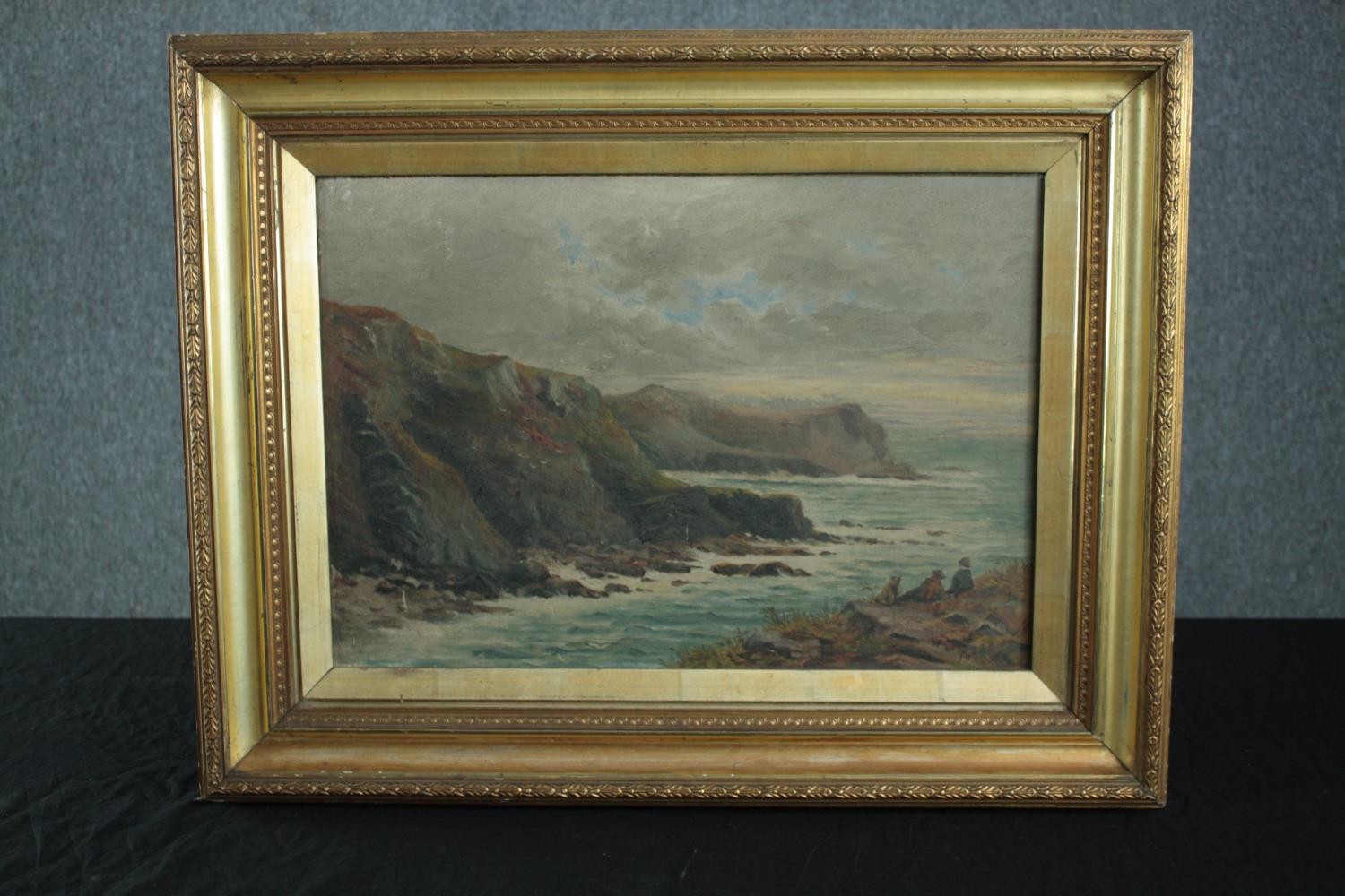 Oil painting on canvas. Seascape with figures looking out to sea. Signed indistinctly, 'Mary A. - Image 2 of 4