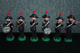 A regimental marching band. Clay figures. Hand painted. Twentieth century.H.13 cm. (largest)