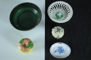 Mixed collection of five ceramic bowls, including two Herend hand painted pieces with Apponyi blue