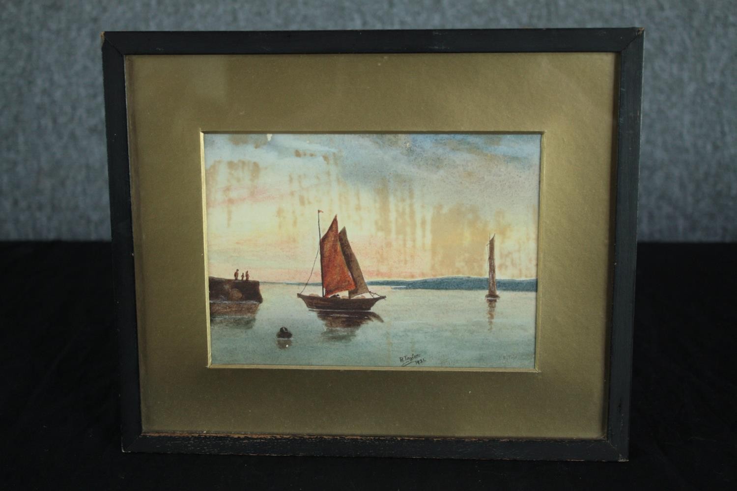 Watercolour painting signed 'R. Taylor' and dated 1921. A sailing boat and jetty. With visible - Image 2 of 4