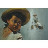 Oil on board. Boy in hat. Signed indistinctly bottom right. H.47 W.63 cm.