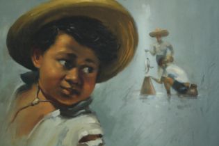 Oil on board. Boy in hat. Signed indistinctly bottom right. H.47 W.63 cm.