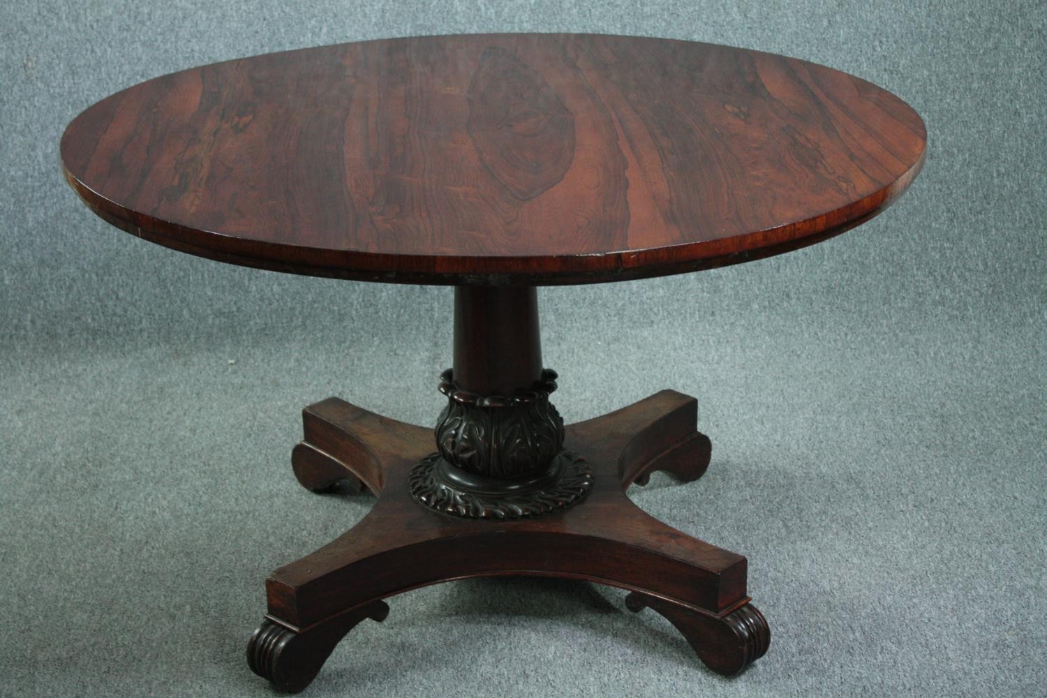 Dining table, William IV rosewood with tilt top action. H.83 Dia.122cm.