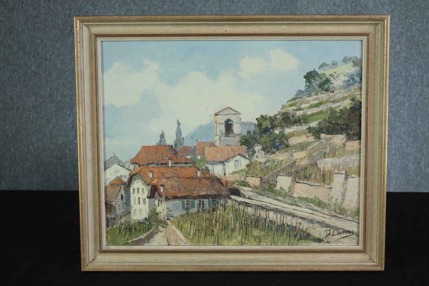 Oil painting on board. Mountain village probably Alpine. Signed lower right 'Lourens'? Framed. H. - Image 2 of 4