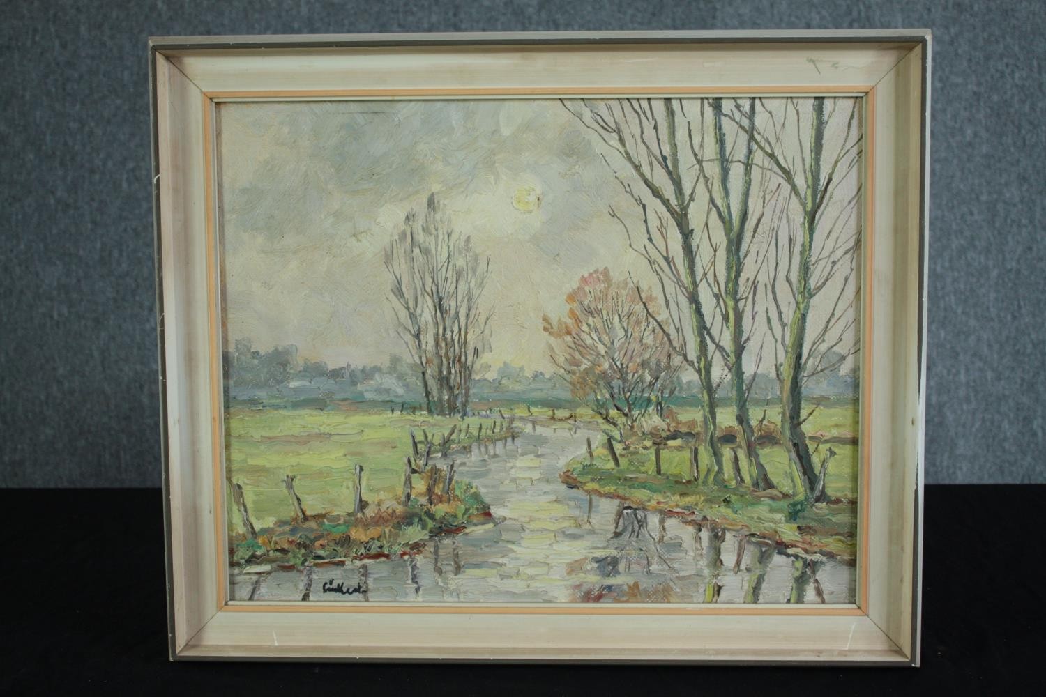 Oil painting on board. Landscape. Signed indistinctly lower right. Framed. H.48 W.58 cm. - Image 2 of 4