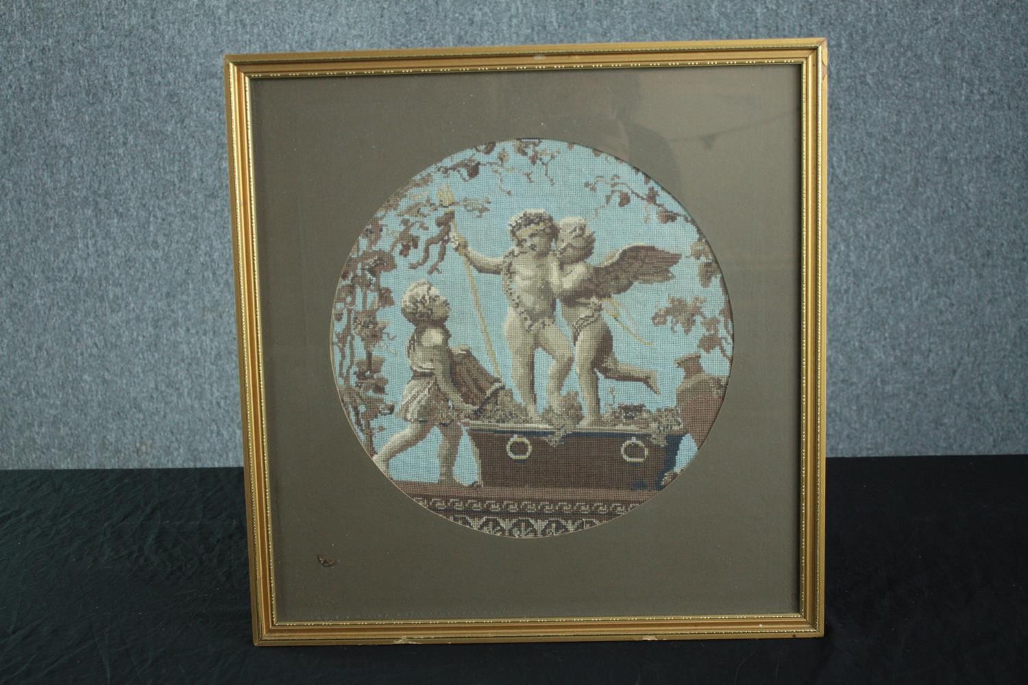 Embroidery. Three classical cherubs. Framed. Nineteenth century. H.50 W.49 cm. - Image 2 of 3