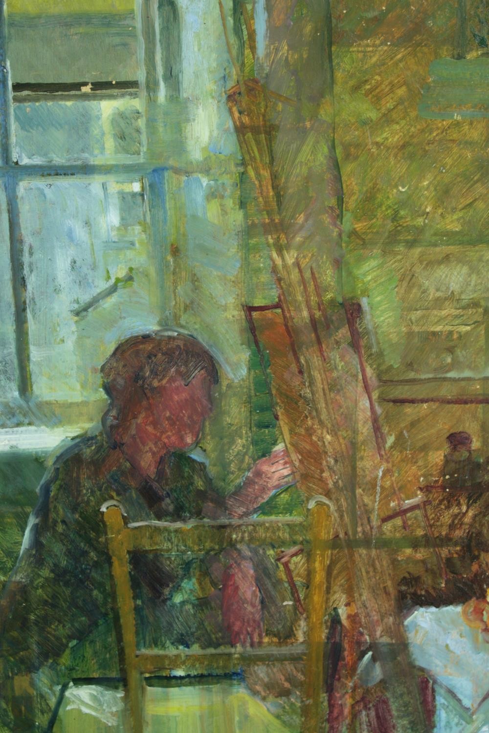 Patricia Algar. Oil painting on board. Studio scene, maybe a self portrait. H.67 W.52cm.
