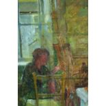 Patricia Algar. Oil painting on board. Studio scene, maybe a self portrait. H.67 W.52cm.