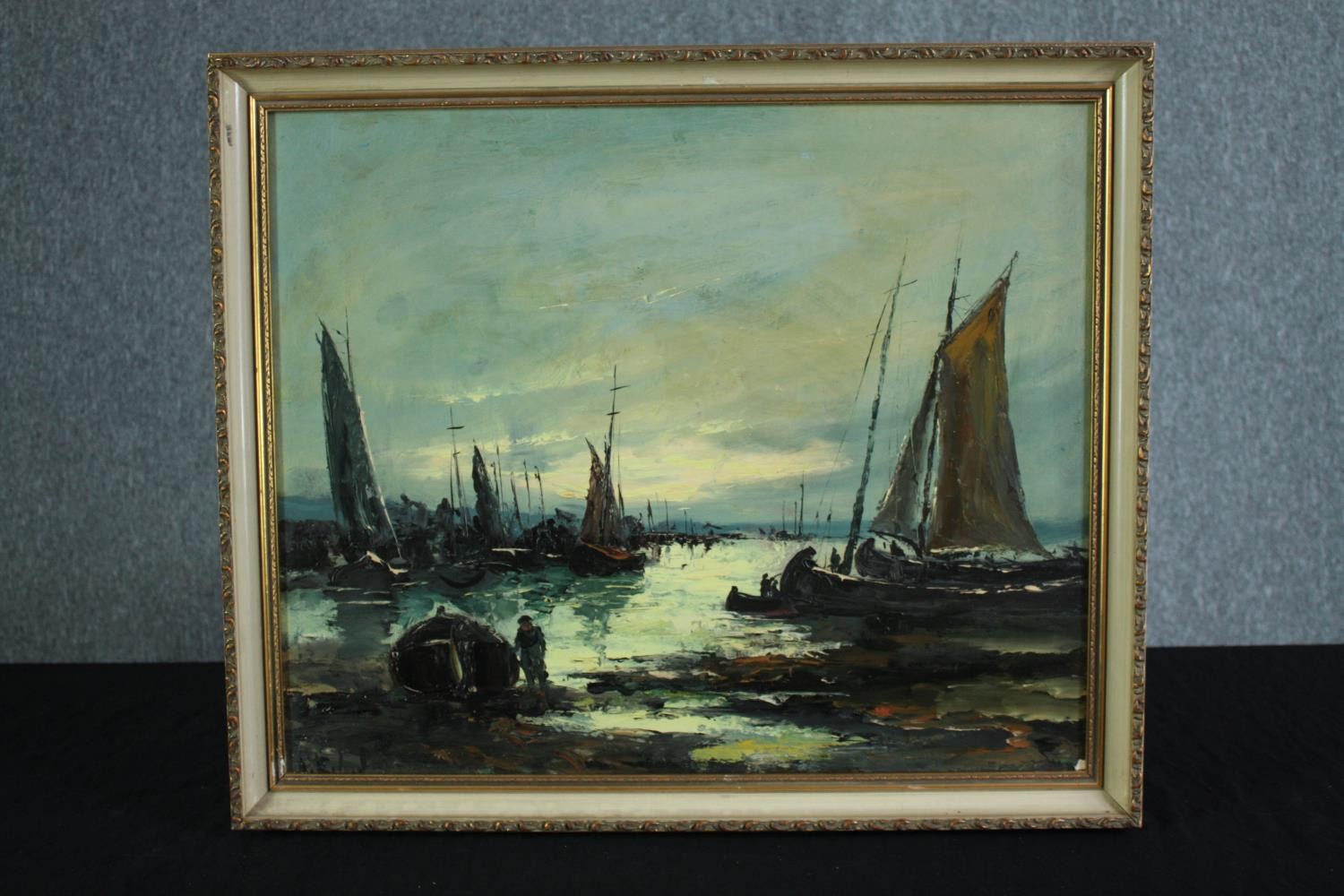 Oil painting on board. Fishermen at low tide. Signed indistinctly bottom left. H.58 W.68 cm. - Image 2 of 4