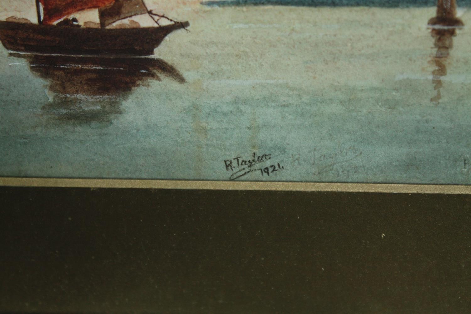 Watercolour painting signed 'R. Taylor' and dated 1921. A sailing boat and jetty. With visible - Image 3 of 4