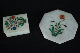 A white stone pietra dura trinket box and coaster with floral design. L.10 W.10cm. (largest)