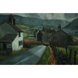 David J. Waterhouse. Oil painting on board. Titled 'Pennine Village'. Framed with label to the