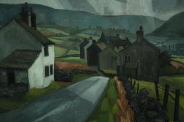 David J. Waterhouse. Oil painting on board. Titled 'Pennine Village'. Framed with label to the