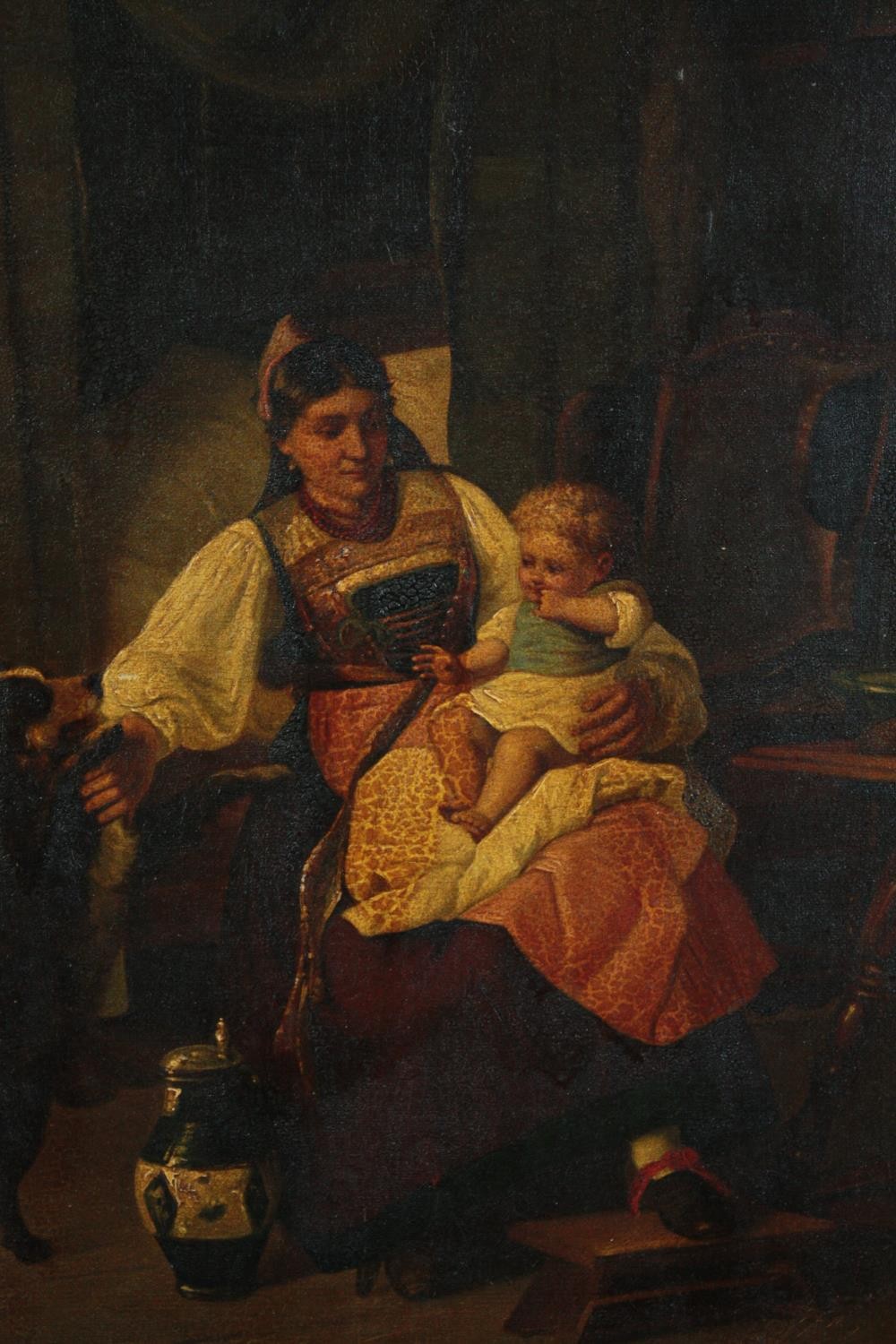 Oil on canvas. Mother child with a dog. Unsigned. Probably late nineteenth century. In gilt frame.
