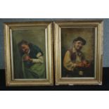 A pair of oil paintings on canvas. Portraits of an old man and woman. Unsigned. Framed. H.49 W.36cm.
