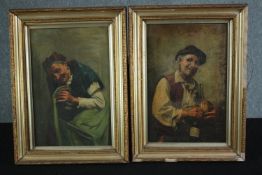 A pair of oil paintings on canvas. Portraits of an old man and woman. Unsigned. Framed. H.49 W.36cm.