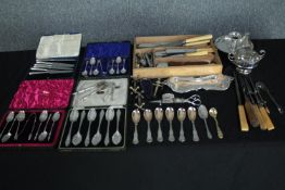 A large collection of silver and silver plate cutlery and other items, including a cased set of