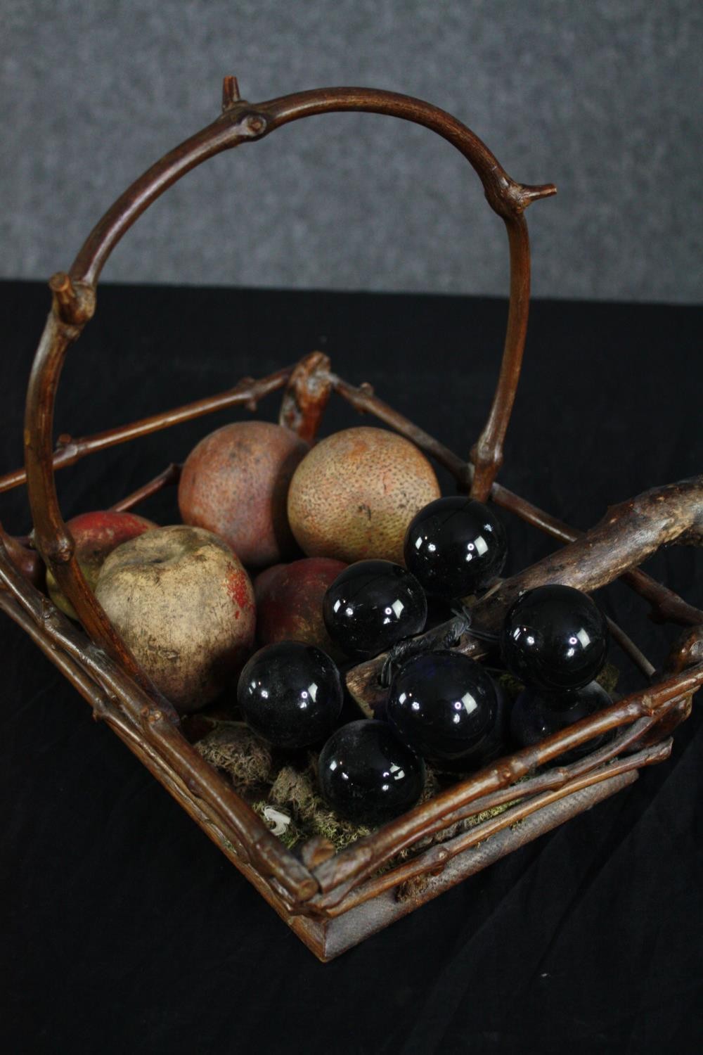 A Victorian Hazelwood basket with a collection of hand painted ceramic fruit and a bunch of glass - Image 2 of 5