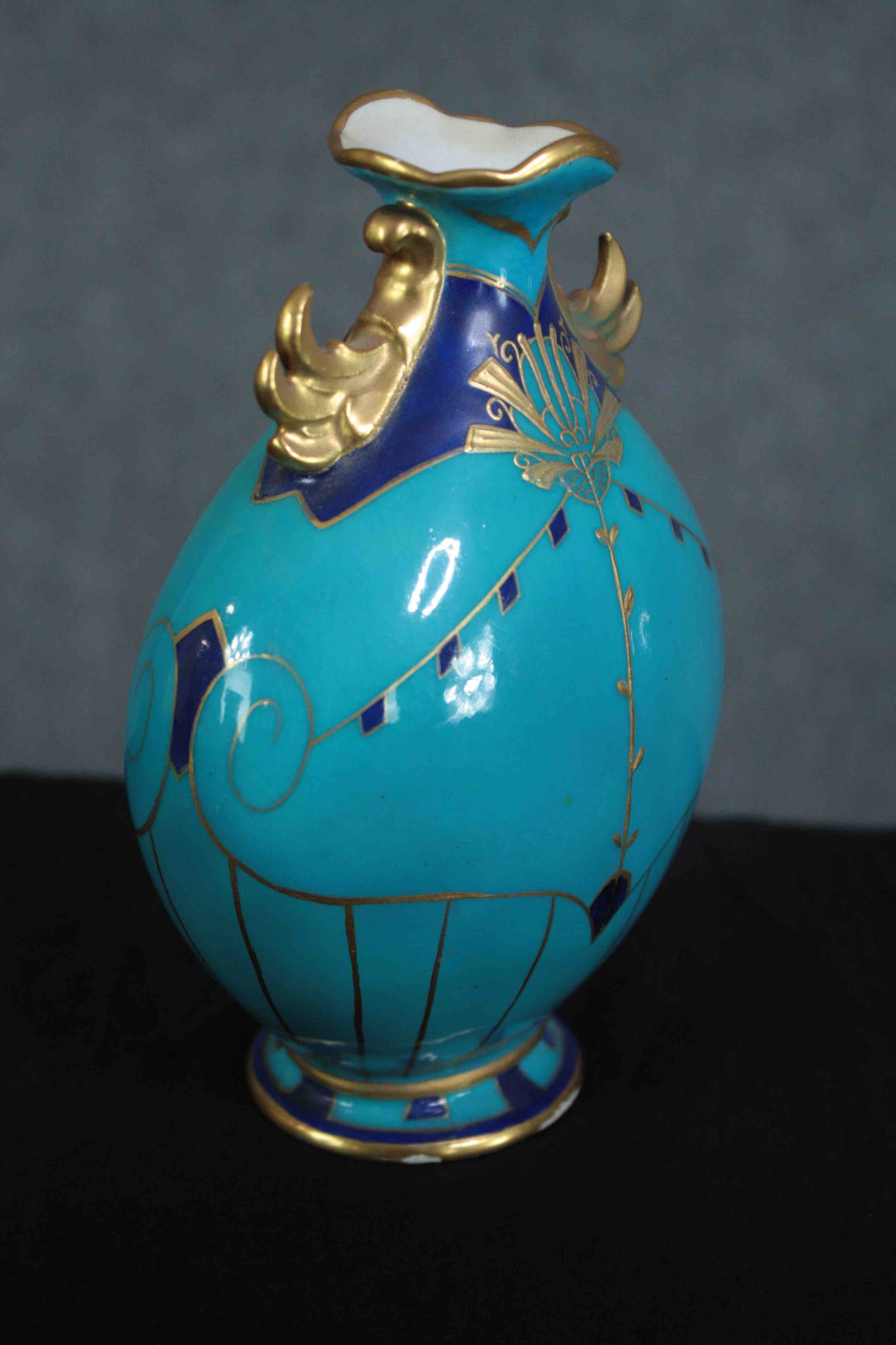 Minton's pottery. An ornate blue teal vase with hand painted gilt decoration. Egyptian revival. - Image 3 of 6