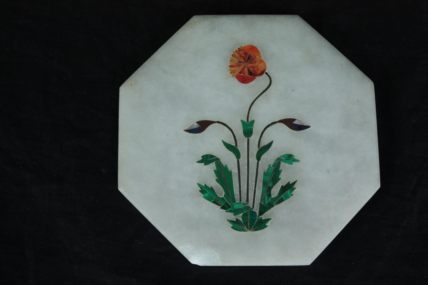 A white stone pietra dura trinket box and coaster with floral design. L.10 W.10cm. (largest) - Image 4 of 4