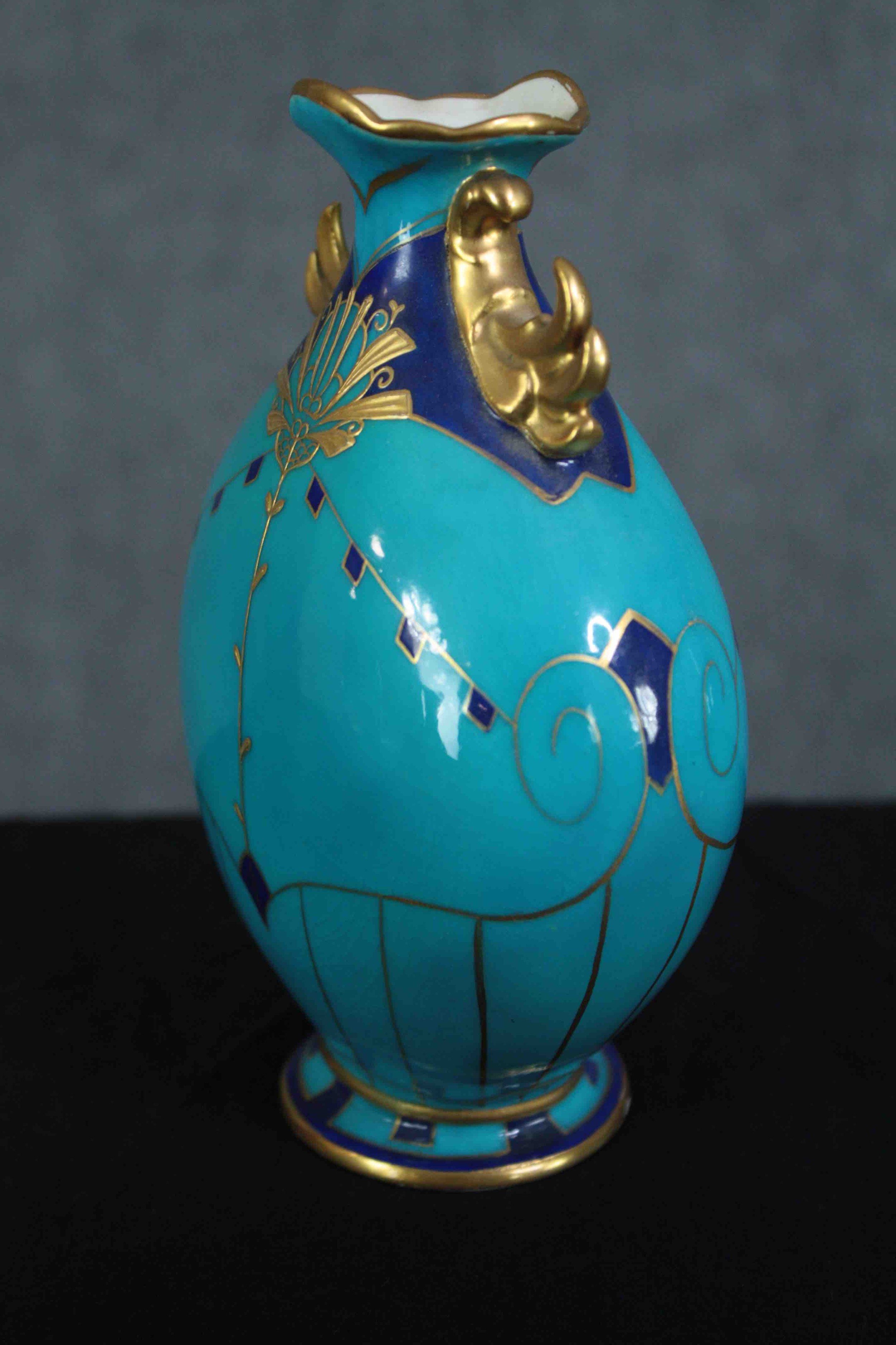 Minton's pottery. An ornate blue teal vase with hand painted gilt decoration. Egyptian revival. - Image 2 of 6