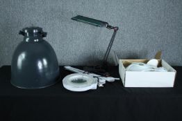 Lamps. Including magnifying desk lamp, anglepoise, floor standing and large ceiling mounted down