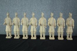 The Terracotta Army. Eight warriors cast in plaster. One missing a hand. 36 cm. (each)