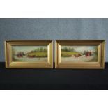 A pair of oil paintings on board. Stagecoaches. Signed indistinctly lower right. 19th century.