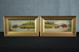 A pair of oil paintings on board. Stagecoaches. Signed indistinctly lower right. 19th century.