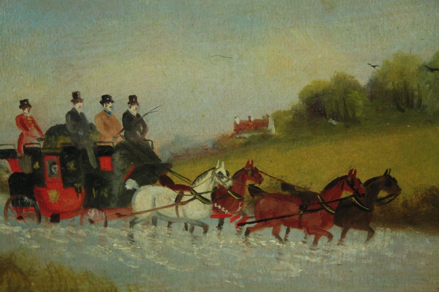 A pair of oil paintings on board. Stagecoaches. Signed indistinctly lower right. 19th century. - Image 2 of 5