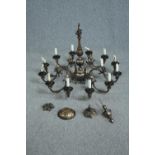 A large Dutch style metal ceiling chandelier with twelve scrolling branches. H.65 Dia.90cm.