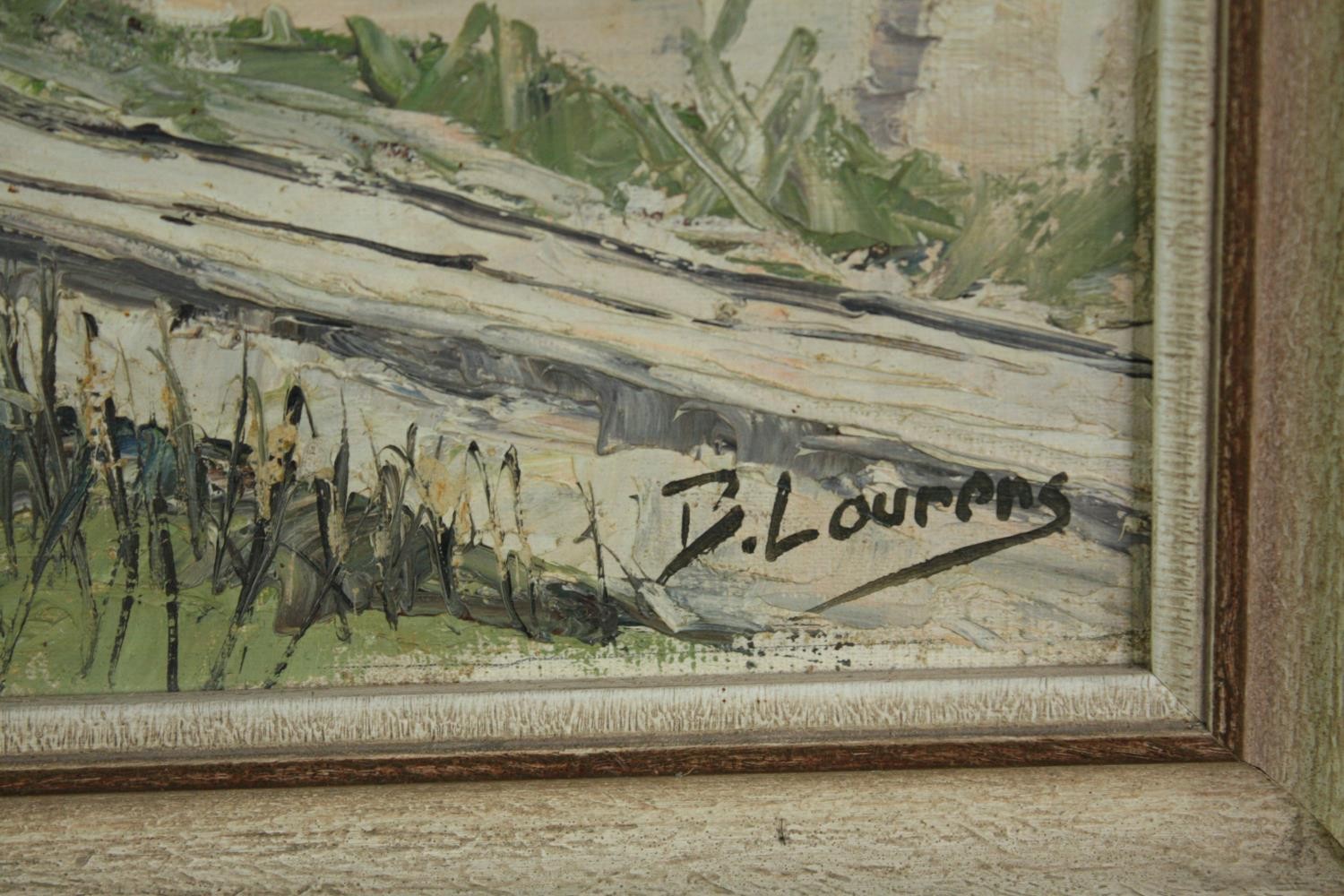 Oil painting on board. Mountain village probably Alpine. Signed lower right 'Lourens'? Framed. H. - Image 3 of 4