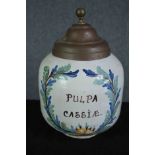 An early 20th century Italian apothecary jar, hand painted name 'Pulpa Cassie' with brass lid. H.