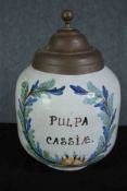 An early 20th century Italian apothecary jar, hand painted name 'Pulpa Cassie' with brass lid. H.