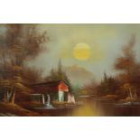 Oil painting on canvas. A lake house in sunset. Signed 'S. Kenton' lower right. In a gilt