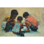 Oil on board. Three children at play. Signed indistinctly lower right. H.48 W.69 cm.