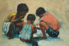 Oil on board. Three children at play. Signed indistinctly lower right. H.48 W.69 cm.