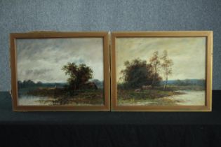 A pair of 19th century oil paintings. Landscapes with a lone figure and cattle. Appear to be by