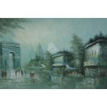 A large oil painting on canvas. Parisian street scene featuring the Arc de Triomphe. Signed lower