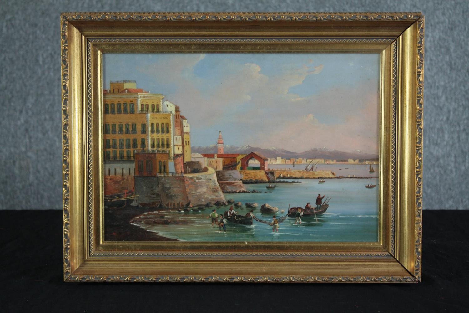 Oil on board. Fishermen hauling in a catch. In a gilt frame. Unsigned. H.35 W.46 cm. - Image 2 of 4
