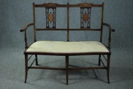 Canape, late 19th century rosewood with floral inlay. H.89 W.110 D.44cm.