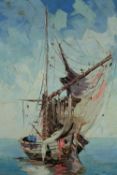 Maritime painting. Acrylic on board. A battered ship signed indistinctly bottom right. Twentieth
