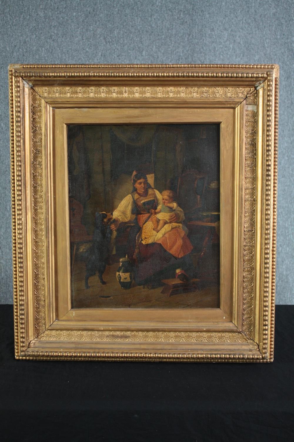 Oil on canvas. Mother child with a dog. Unsigned. Probably late nineteenth century. In gilt frame. - Image 2 of 4