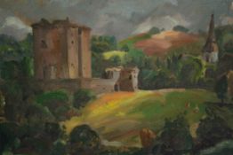 Josephine Haswell Miller (British. 1890-1975). Oil on board. Titled 'Borthwick Castle' to the