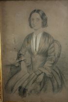 Pencil drawing. 19th century pPortrait of a woman, in damaged frame. Unsigned. H.50 W.40 cm.