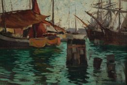 Oil on canvas. Boats at harbour. Twentieth century. Unsigned. Framed. H.29 W.35 cm.