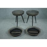 A pair of woven and wicker tray tables and a similar pair of trays. H.56 Dia.49cm. (largest)