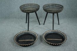 A pair of woven and wicker tray tables and a similar pair of trays. H.56 Dia.49cm. (largest)